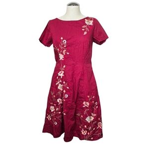 eShakti Dark Red Floral Embroidered Short Sleeve Back Zip Dress M-8
